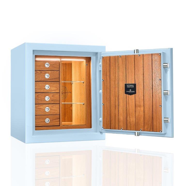 Sejf premium „Róża Wiatrów” – klasa I, wnętrze teak, Aquablue z połyskiem